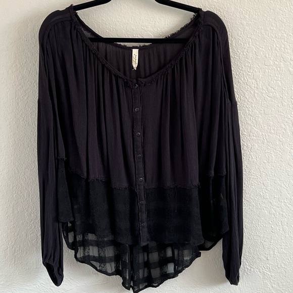 Free People Oversized Sheer Window Pane High Low Gauzy Boho Top - Picture 3 of 6